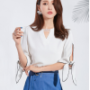 韩版2019夏装新款女装圆领开叉七分袖白色时尚雪纺上衣一件代发
